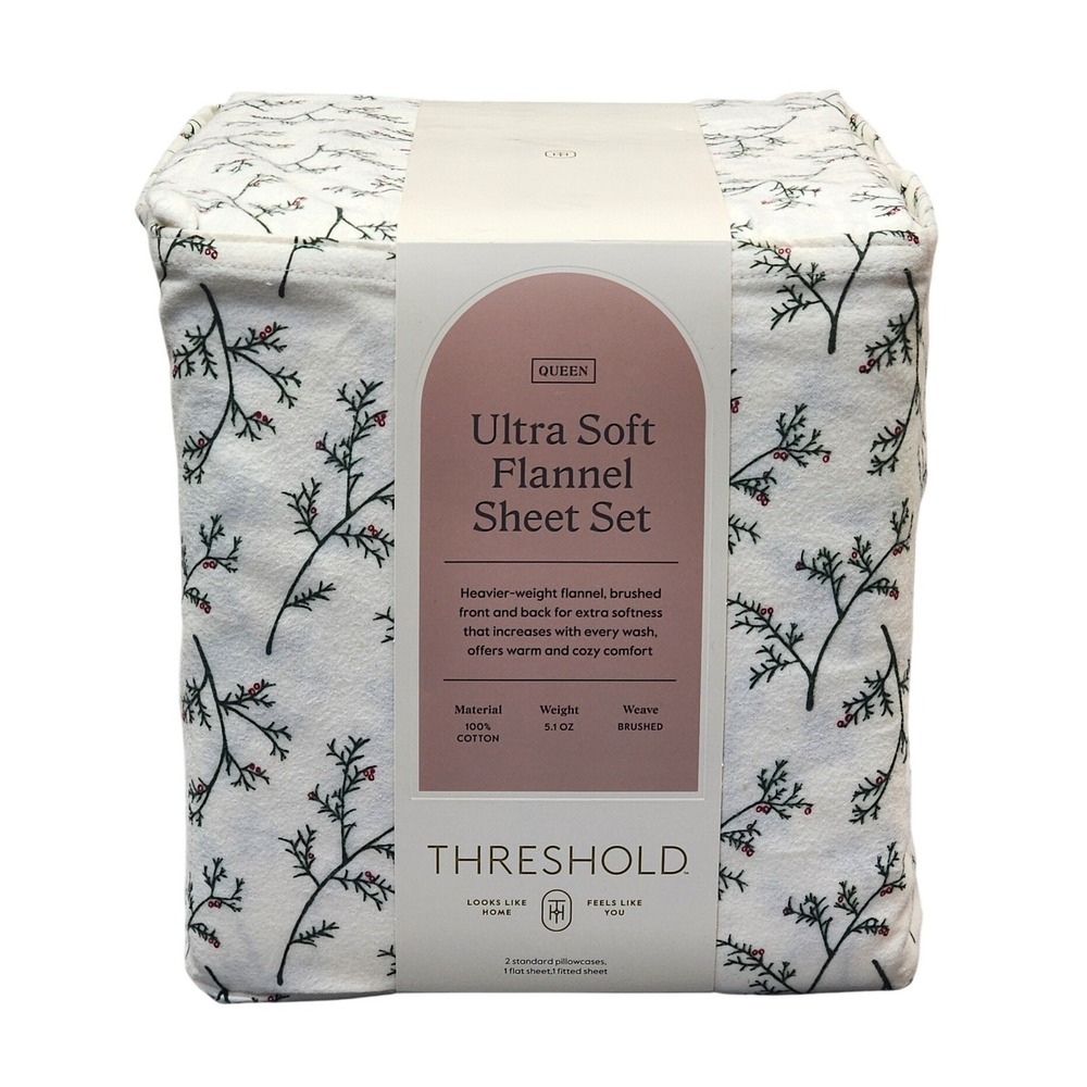 Threshold Flannel Sheet Set Queen Ultra Soft White Green Red Holiday Christmas